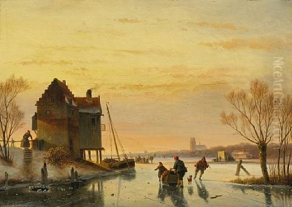 Skaters On The Merwede With Dordrecht Beyond Oil Painting by Nicolaas Johannes Roosenboom