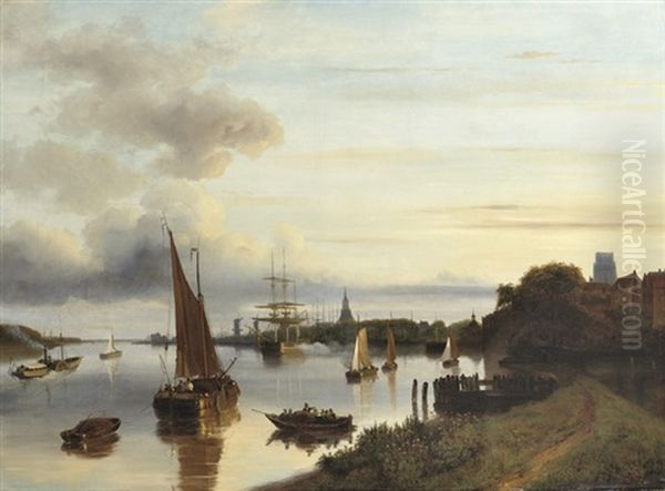 A Busy Day On The River, Dordrecht Oil Painting by Nicolaas Johannes Roosenboom