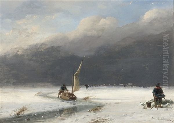 Ice Sailing Oil Painting by Nicolaas Johannes Roosenboom