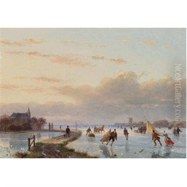 Skaters On The Ice Near A Koek En Zopie Oil Painting by Nicolaas Johannes Roosenboom