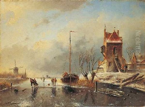 Zugefrorener Kanal Mit Eislaufern Und Schiff Oil Painting by Nicolaas Johannes Roosenboom