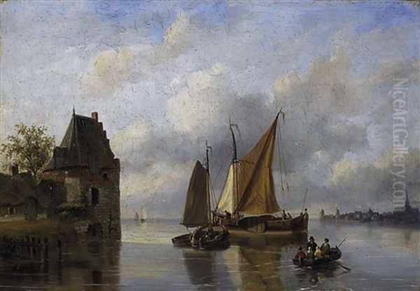 Schiffe Und Fahrboote Auf Einem Hollandischen Fluslauf Oil Painting by Nicolaas Johannes Roosenboom