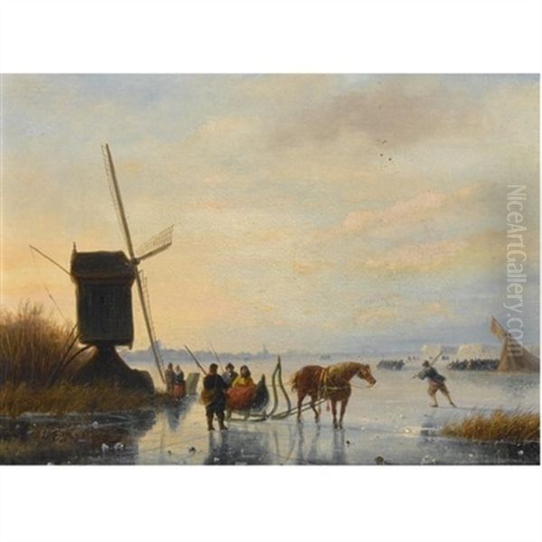 A Horse And Sledge On The Ice, A Koek En Zopie In The Distance Oil Painting by Nicolaas Johannes Roosenboom