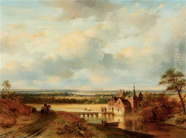 A Panoramic Landscape With A Castle By A River Oil Painting by Nicolaas Johannes Roosenboom