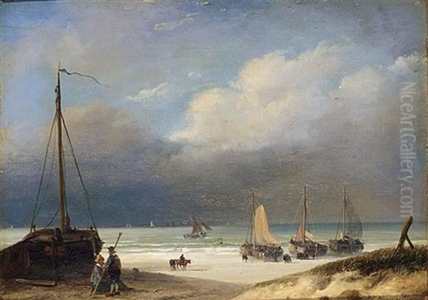 Bomschuiten On The Beach Oil Painting by Nicolaas Johannes Roosenboom