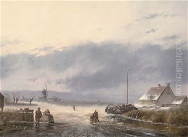 Skaters On A Dutch Waterway Oil Painting by Nicolaas Johannes Roosenboom