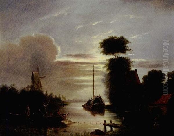 Fisherman Under The Moonlight With A Windmill In The Distance Oil Painting by Nicolaas Johannes Roosenboom