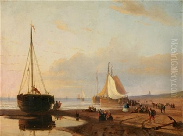 Paysage Cotier Avec Plage Animee De Pecheurs Et De Promeneurs Oil Painting by Nicolaas Johannes Roosenboom