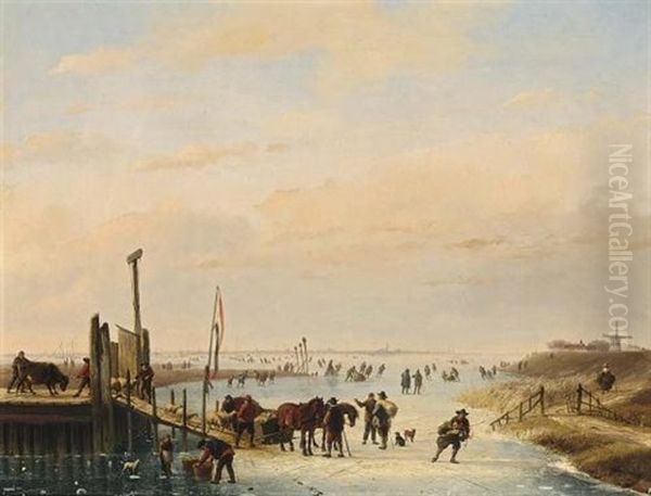 Figures And Cattle On A Frozen River (in Collab.w/eugene Joseph Verboeckhoven) Oil Painting by Nicolaas Johannes Roosenboom