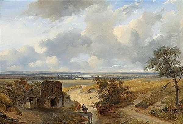 Figures In A Panoramic Summer Landscape Oil Painting by Nicolaas Johannes Roosenboom