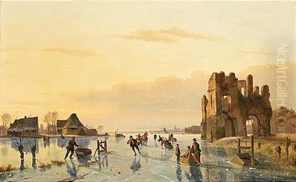 A Winter Landscape With Figures On A Frozen Waterway, A Koek En Zopie In The Distance Oil Painting by Nicolaas Johannes Roosenboom