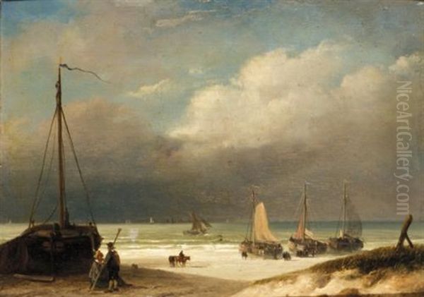 Boats On The Shore Oil Painting by Nicolaas Johannes Roosenboom