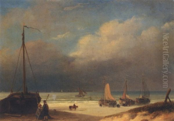 Boats On The Shore Oil Painting by Nicolaas Johannes Roosenboom