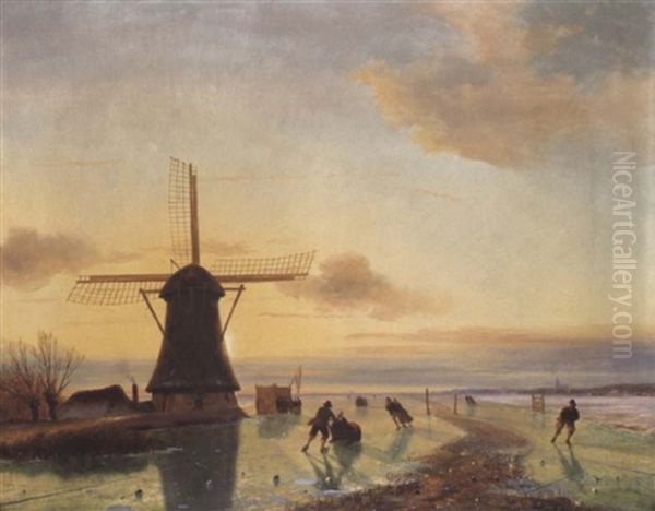 Schlittschuhlaufer Vor Einer Windmuhle Oil Painting by Nicolaas Johannes Roosenboom