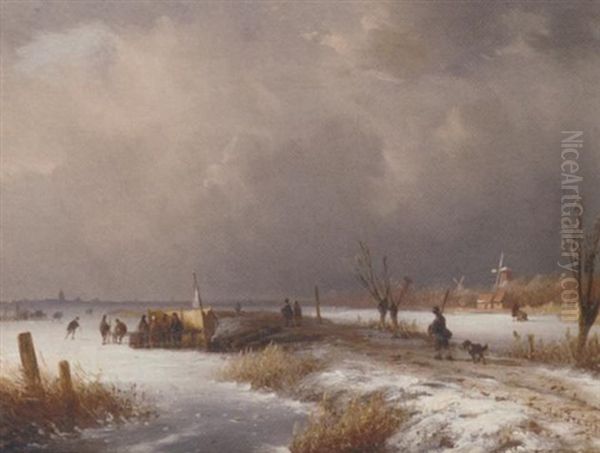 A Dutch Winter Landscape Oil Painting by Nicolaas Johannes Roosenboom