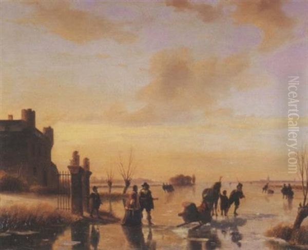 The Pleasure Trip: Elegant Figures On The Ice Oil Painting by Nicolaas Johannes Roosenboom