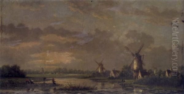 Pecheurs Tirant Leurs Filets En Hollande Oil Painting by Nicolaas Johannes Roosenboom