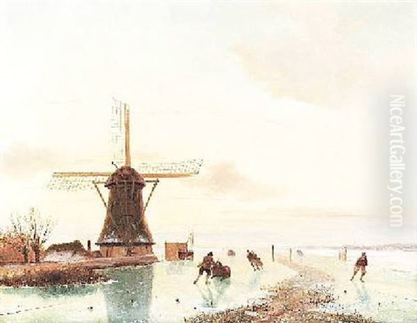 Weite, Vereiste, Hollandische Fluslandschaft Mit Windmuhle Oil Painting by Nicolaas Johannes Roosenboom