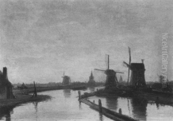 Windmills Along A Canal Oil Painting by Nicolaas Johannes Roosenboom