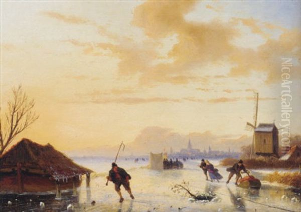 Skaters On A Frozen River Oil Painting by Nicolaas Johannes Roosenboom