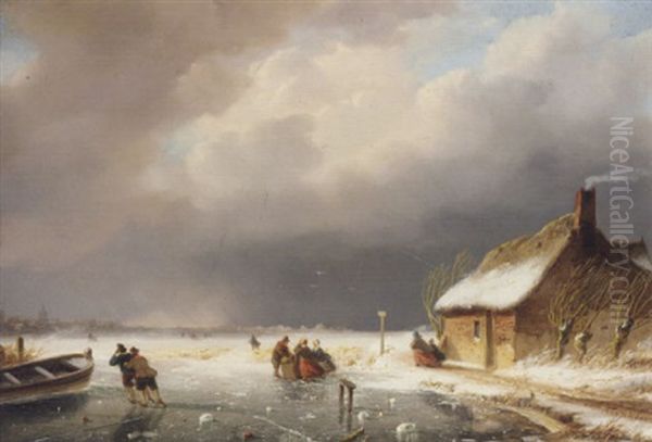 Skaters On A Frozen River Oil Painting by Nicolaas Johannes Roosenboom