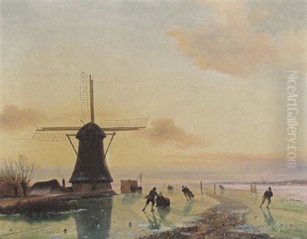 A Winter Landscape With Skating Figures Near A Windmill Oil Painting by Nicolaas Johannes Roosenboom