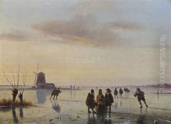 A Winter Landscape With Skaters On The Ice Oil Painting by Nicolaas Johannes Roosenboom