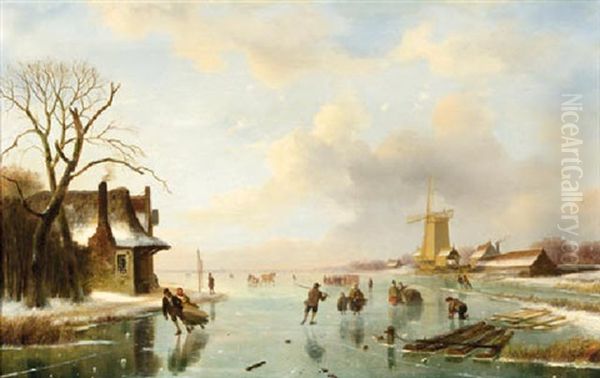 Skaters On A Frozen River By A Sawmill by Nicolaas Johannes Roosenboom