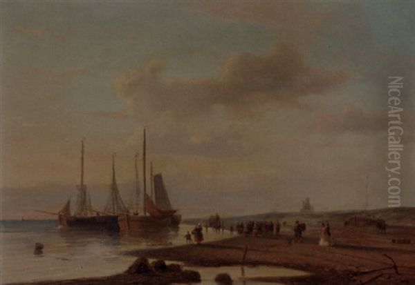 A Fish Auction At The Beach With Elegant Figures In The Foreground Oil Painting by Nicolaas Johannes Roosenboom