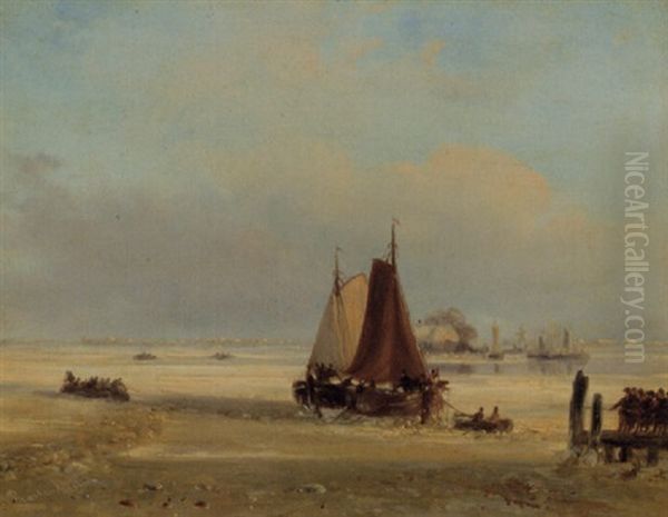 Men On A Jetty Pulling A Vessel Through The Ice Oil Painting by Nicolaas Johannes Roosenboom