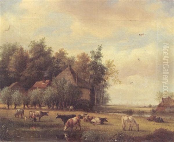 Cattle In A Meadow, A Farmyard In The Background Oil Painting by Nicolaas Johannes Roosenboom