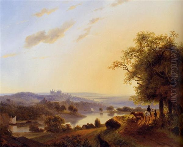 Rhenish Landscape With Travellers On A Sandy Track And A Castle In The Distance Oil Painting by Nicolaas Johannes Roosenboom