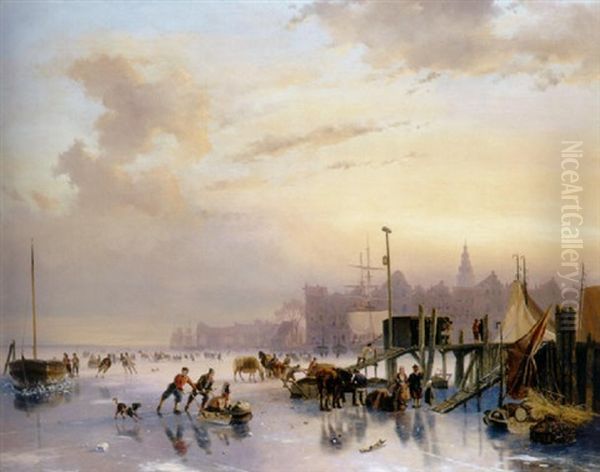 Skaters On The Ij, Amsterdam Oil Painting by Nicolaas Johannes Roosenboom