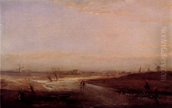 Figures On A Frozen River With A Town Beyond Oil Painting by Nicolaas Johannes Roosenboom