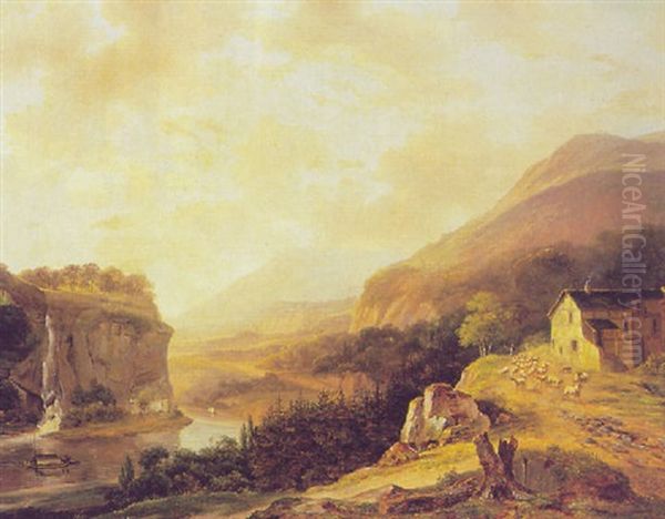 A Mountainous River Landscape Oil Painting by Nicolaas Johannes Roosenboom