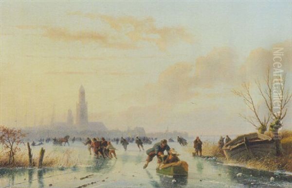 Skaters On A Frozen Pond Oil Painting by Nicolaas Johannes Roosenboom