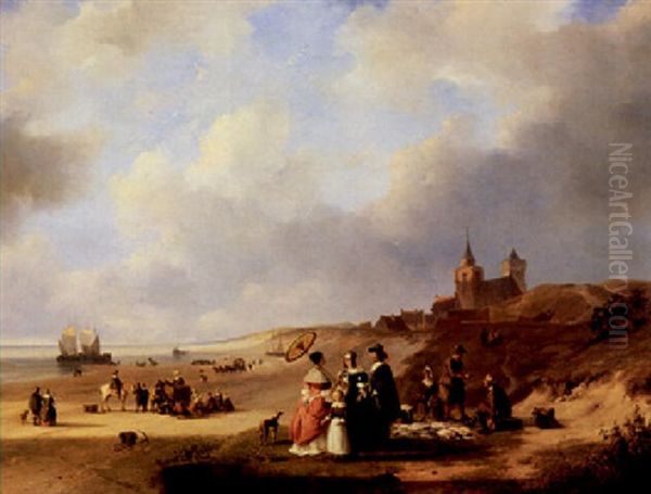 Elegant Figures On The Beach Oil Painting by Nicolaas Johannes Roosenboom