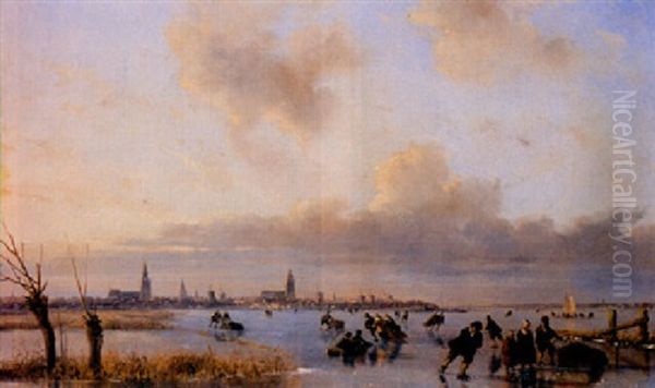 Skaters On A Frozen River, A Town In The Distance Oil Painting by Nicolaas Johannes Roosenboom