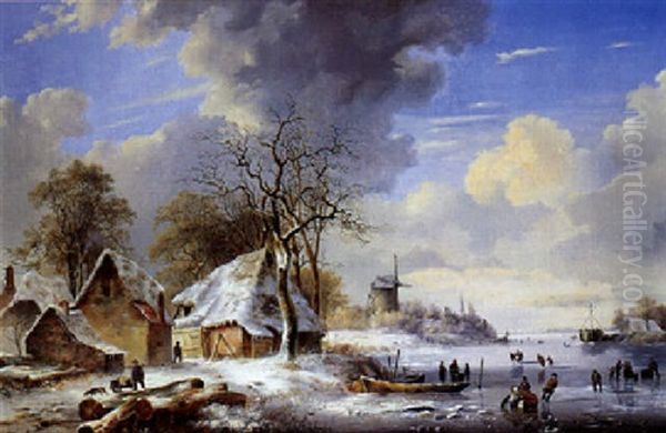 Paysage De Riviere Gelee Dans La Campagne Hollandaise Oil Painting by Nicolaas Johannes Roosenboom