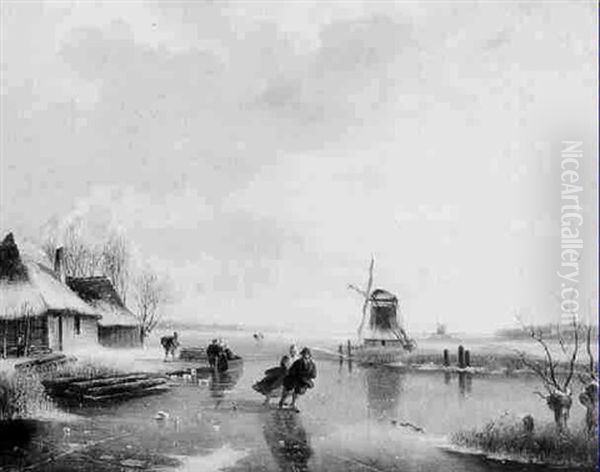 Skaters On A Frozen River Oil Painting by Nicolaas Johannes Roosenboom