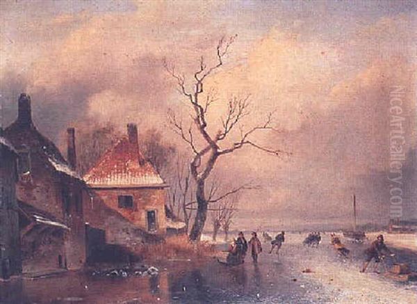 Figures Skating On A Frozen River Near A Village by Nicolaas Johannes Roosenboom