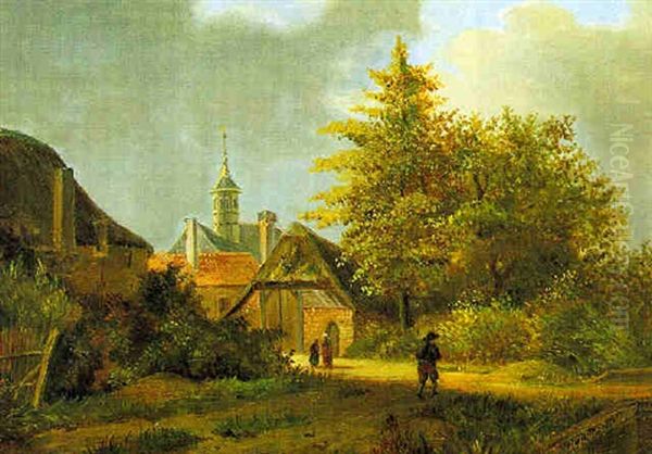 Partie Vor Einem Dorf Mit Staffagefiguren Oil Painting by Nicolaas Johannes Roosenboom