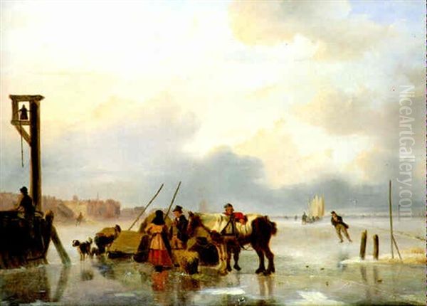 Figures On A Frozen River, A Town Beyond Oil Painting by Nicolaas Johannes Roosenboom