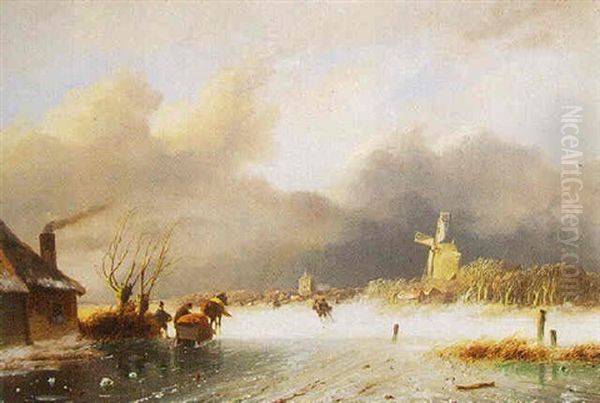 A Winter Landscape With Figures And A Horse-drawn Cart On A Frozen River Oil Painting by Nicolaas Johannes Roosenboom