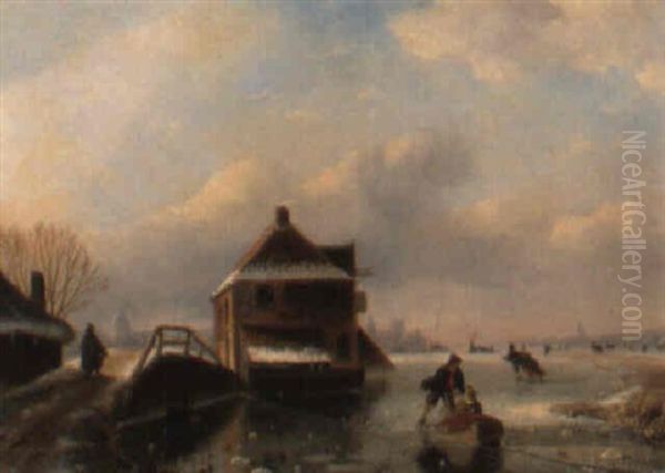 Figures Skating On A Frozen River Oil Painting by Nicolaas Johannes Roosenboom