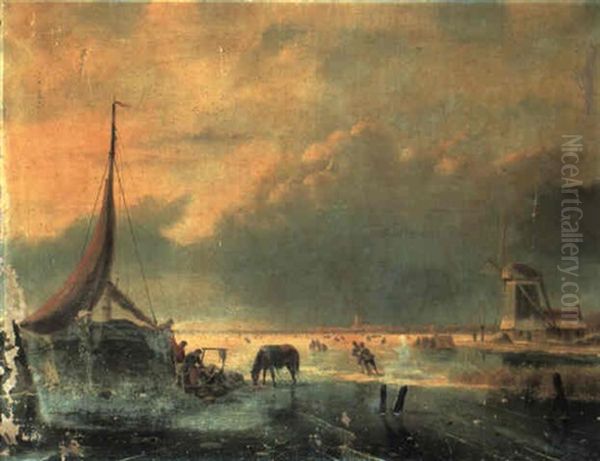 An Extensive Winter Landscape With Moored Boat And Skaters Oil Painting by Nicolaas Johannes Roosenboom