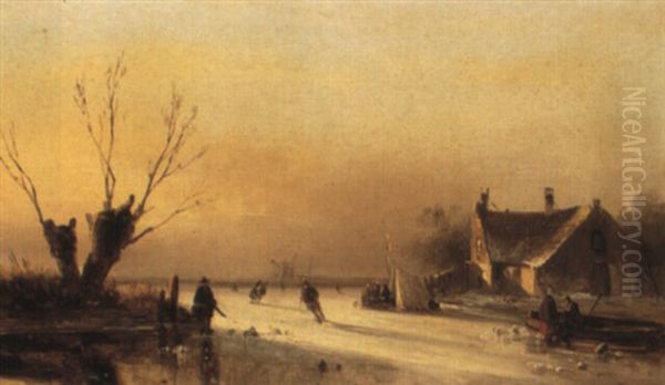 Skaters On A Frozen Lake Oil Painting by Nicolaas Johannes Roosenboom