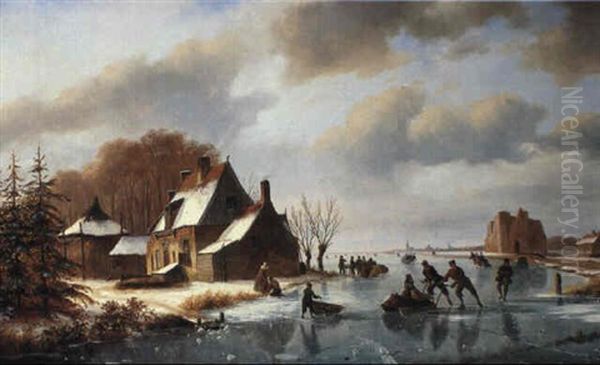 Ice Skaters In A Winter Landscape Oil Painting by Nicolaas Johannes Roosenboom