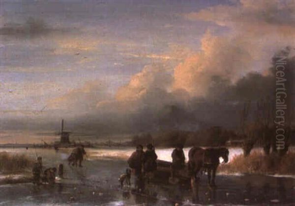 Figures Skating On A Frozen River Oil Painting by Nicolaas Johannes Roosenboom