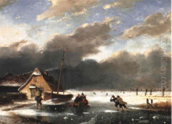 A Winter Landscape With Skaters On A Frozen River Oil Painting by Nicolaas Johannes Roosenboom